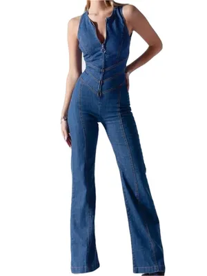 Sleeveless Sexy Blue Denim Jumpsuit Front Zip Slim Fit Retro 70s Flare Size S thumbnail 16
