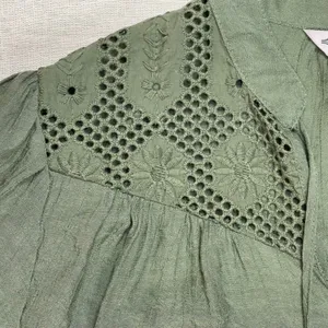 Nanette Lepore | Olive Green Lace Yoke Short Sleeve Top | Large thumbnail 4