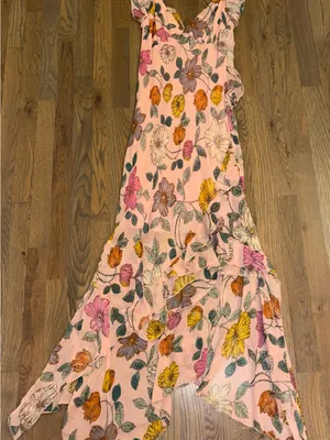 Angie Floral Ruffle Handkerchief Hem Midi Dress Pink Medium NWT thumbnail 2