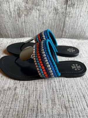 Tory Burch Women's Patos Sport Blue Silver Disk Thong Sandals Flip Flops thumbnail 2