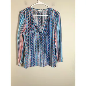 Ecru‎ 100% Silk Blouse Blue Pink Geometric Striped Split Neck Long Sleeve Large thumbnail 2