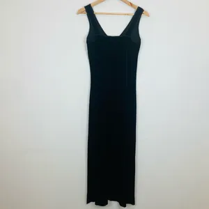 Vintage 90s minimalist stretch black velvet V-neck sleeveless midi dress. Small. thumbnail 5