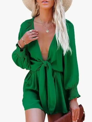 NEW Green Tie Knot Front V Neck Short Rompers M thumbnail 1