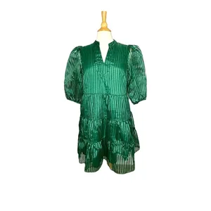 Crown & Ivy Tiered Mini Dress Womens Large‎ Green Striped Puff Sleeve Babydoll thumbnail 13