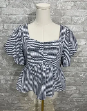 Old Navy Blue and White Striped Square-Neck Peplum Blouse thumbnail 1