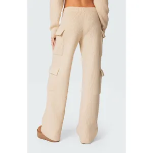 Edikted Wynter Knit Cargo Pants Size Medium Cream Ribbed Wide Leg Loungewear thumbnail 14