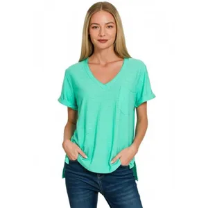 Zenana Slub Rolled Short Sleeve V-Neck Tee‎ thumbnail 2