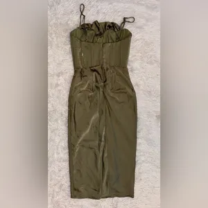 NWOT HOUSE OF CB Myrna olive green Satin Corset Midi Dress sz S thumbnail 7