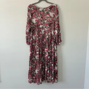 Anthropologie RAGA Pink Red Rose Floral Long Sleeve Tie Neck Boho Maxi Flowy Dress M thumbnail 2