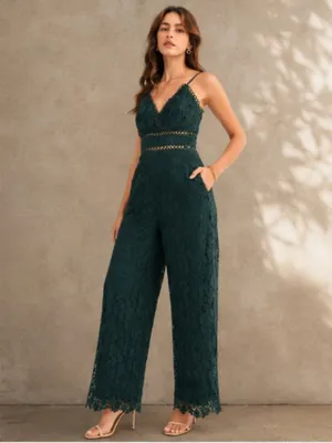 Just Me Hunter Green Crochet Lace Wide-Leg Jumpsuit medium New thumbnail 5