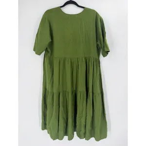 Thinking Mu‎ Fresia Dress Women's L Green Hemp Tencel Tiered Midi Lagenlook Boho thumbnail 8