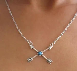 Crossed Arrows Turquoise Silver Boho Necklace thumbnail 5