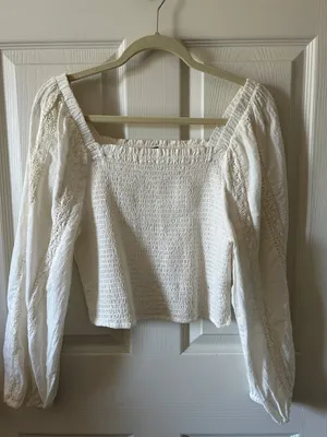Max 100% Cotton Smocked Ivory Cream Eyelet Cottagecore Feminine Summer Top Med‎ thumbnail 5