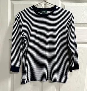 Ralph Lauren Black and White Striped Long Sleeve Top - Size Large - GUC thumbnail 1