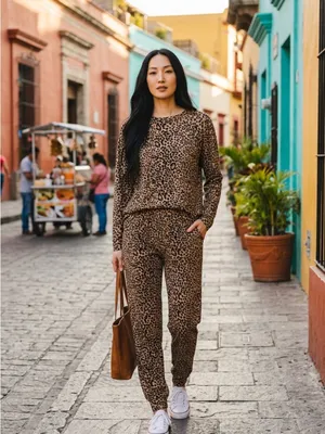ZENANA | Leopard Print Lounge Set | 2 Piece Top & Jogger | Size L thumbnail 5