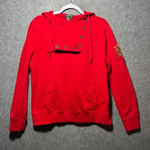 Lauren Ralph Lauren Red Asymmetrical Button Hoodie Crest Sleeve‎ Womens L Y2K thumbnail 2