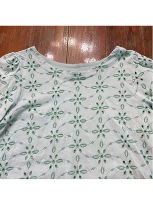 J. JILL Mint Green Eyelet Floral Embroidered Top 3/4 Sleeve Knit Blouse M thumbnail 2