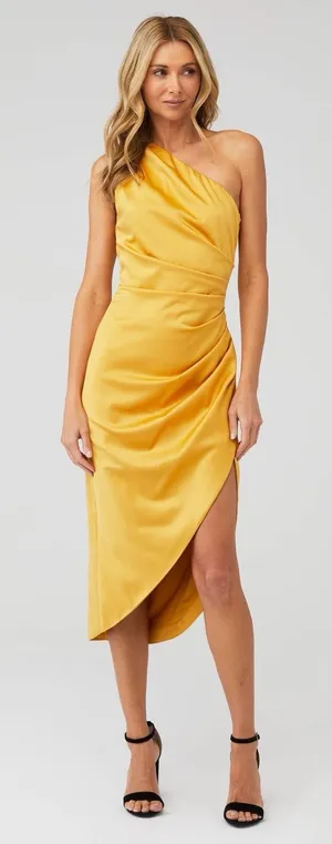 Elliatt Cassini One Shoulder Dress Size Medium Yellow Turmeric Draped Midi Satin thumbnail 1