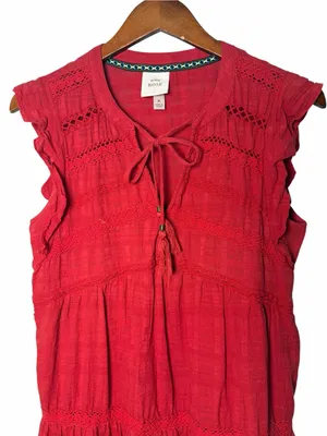Knox Rose Red Boho Cotton Tiered Mini Dress Crochet Lace Tassel Tie Medium thumbnail 6