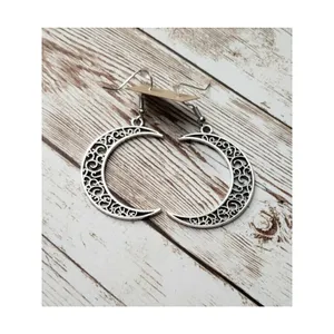 Large Ornate Silver Tone Moon Earrings - Brand New thumbnail 2