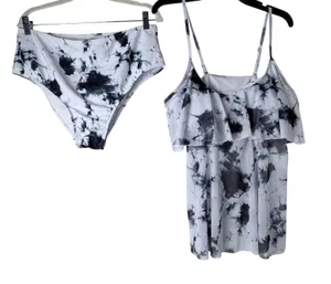 Tankini Set Women XL White Black Tie Dye‎ Ruffle High Waist 2 Piece Beach Swim thumbnail 1