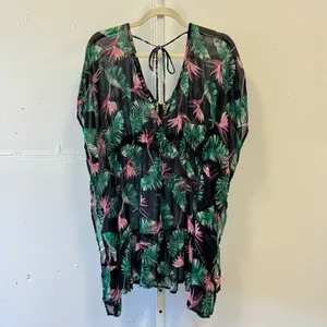 Miken Swim Tropical Bird of Paradise Floral Sheer Beach Cover Up Black Medium thumbnail 2