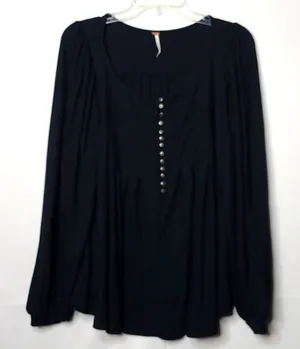 Free People boho long sleeve black scoop neck flowy pleated blouse shirt top M thumbnail 1
