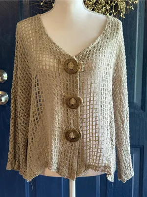 Keren Hart Beige Open Weave Crochet Cardigan L Boho Lagenlook Statement Buttons thumbnail 1
