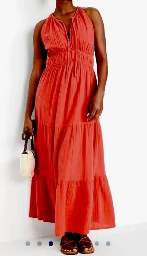 NWT Old Navy Fit & Flare Crinkle Gauze Tiered Maxi Dress Red Orange Bohemian thumbnail 1