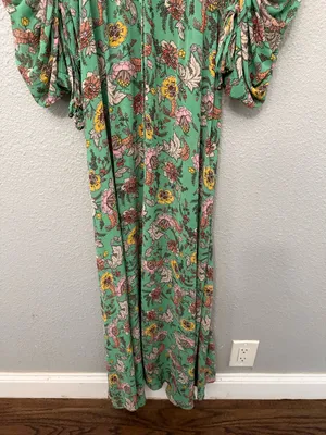 Free People Earthfolk Button Front Maxi Dress Size Small Ruched Sleeves V-neck thumbnail 4