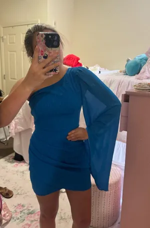 SheIn One-Shoulder Blue Cocktail Dress with Dramatic Sleeve thumbnail 1