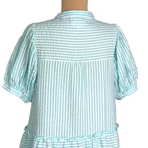 &merci Aqua White Striped Seersucker Tiered Mini Dress S Half Button Puff Sleeve thumbnail 7