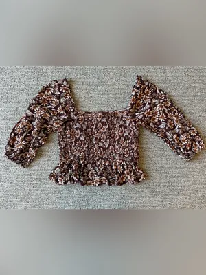 American Eagle Outfitters Brown Floral Smocked Festival‎ Peasant Crop Top Size M thumbnail 2