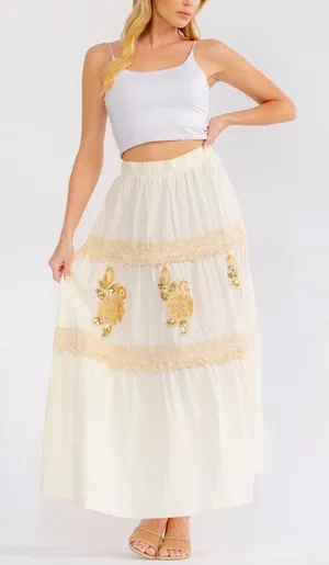 Boutique Embroidered Sz L Gold Floral Sequin Tiered Maxi Skirt Womens Beachy Gauzy Boho thumbnail 1