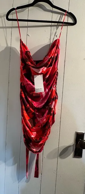 AKIRA NWT Red Cowl-Front Halter Ruched Slip Dress thumbnail 1