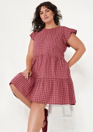 {TIME and TRU} Red Plaid Flutter Sleeve Tiered Prairie Mini Dress thumbnail 1