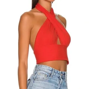 NWT Callahan Knitwear Mimi Ribbed Cropped Halter Tank Top in Red‎ thumbnail 2