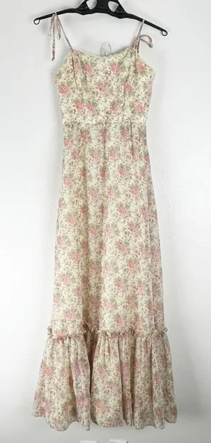 AMERICAN VINTAGE Floral Lace Trim Tie Shoulder Straps Back Zipper Maxi Dress 7/8 thumbnail 1