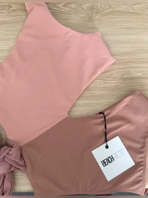 Beach Riot Medium NEW Claire One-Piece Rib Swimsuit Mauve Pink One Shoulder Knot thumbnail 3