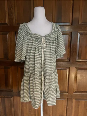 Free People County Line Romper Green Combo XS Oversized Square Neck Gingham Boho thumbnail 3