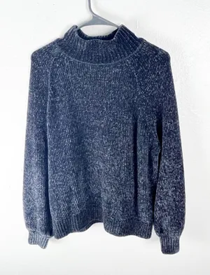 LOFT Black Wash Chenille Mock Neck Long Sleeves Sweater Size Large Cozy Casual thumbnail 1