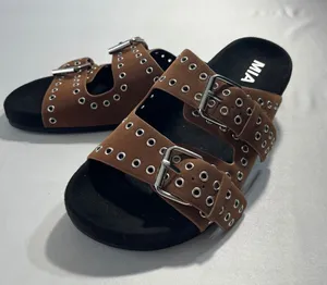 MIA‎ Brooklyn Grommet Buckle Double Strap Slide Sandals Women 6 Brown Edgy Punk thumbnail 1