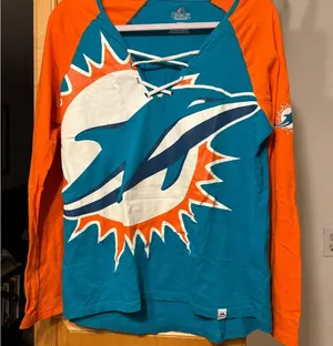 Women's Miami Dolphins Majestic Aqua/Orange Long Sleeve Lace-Up V-Neck T-Shirt l thumbnail 4