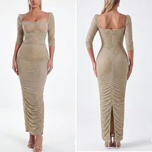Miss Circle Sorrel Gold Ruched Chiffon Long Maxi Dress Formal Gown $250 M thumbnail 2