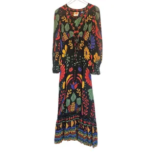 Farm Rio Black Tropical Toucan Floral V-Neck Maxi Dress XS Long Puff Sleeve Boho thumbnail 4