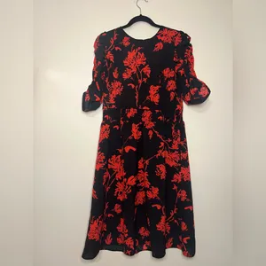Who What‎ Wear Black Red Floral Puff Sleeve Midi Dress Size L cocktail wedding thumbnail 2