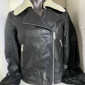 Women's Black Faux Leather Jacket M Quilted Sleeves Sherpa Collar thumbnail 8