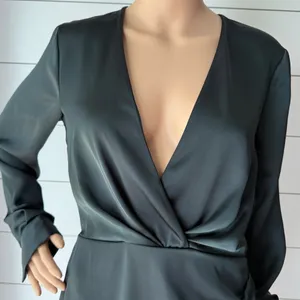Zara Dark Green Long Sleeve Wrap Satin Dress Sz M thumbnail 3