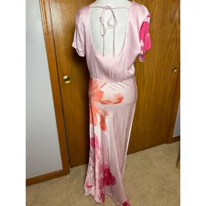 Anthropologie Pink Floral Short Sleeve Maxi Slip Dress Side Slit Tropical thumbnail 8