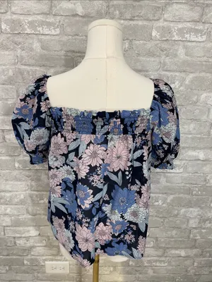 J. Crew Navy Floral Puff-Sleeve Square Neck Top thumbnail 4